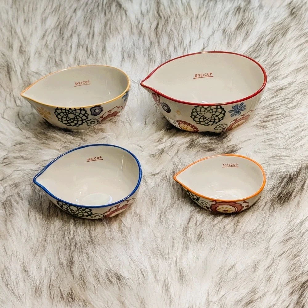 Pier 1 Imports Vibrant Floral Nesting Measuring Cups Stoneware 4 Piece Set